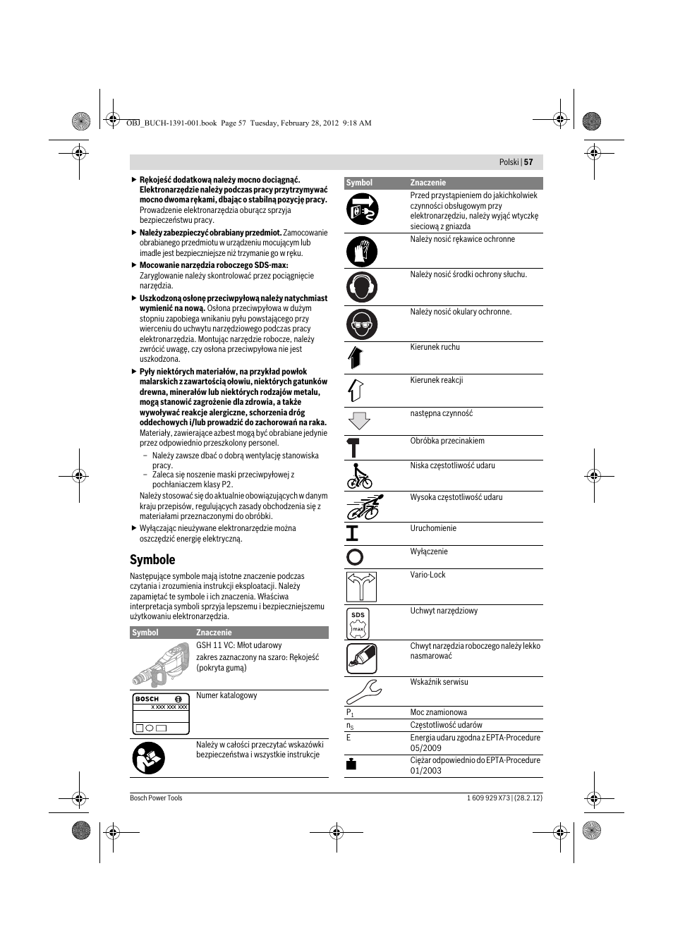 Symbole | Bosch GSH 11 VC Professional User Manual | Page 57 / 123