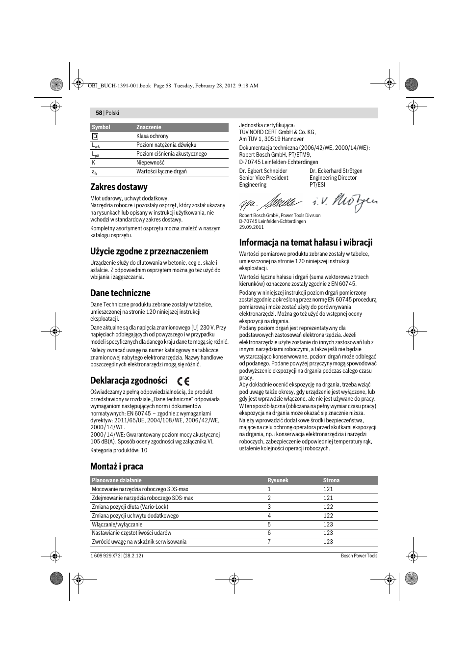 Zakres dostawy, Użycie zgodne z przeznaczeniem, Dane techniczne | Deklaracja zgodności, Informacja na temat hałasu i wibracji, Montaż i praca | Bosch GSH 11 VC Professional User Manual | Page 58 / 123