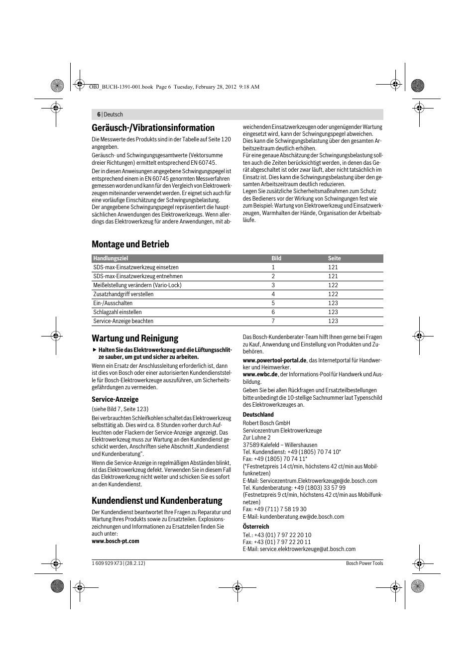 Geräusch-/vibrationsinformation, Montage und betrieb wartung und reinigung, Kundendienst und kundenberatung | Bosch GSH 11 VC Professional User Manual | Page 6 / 123