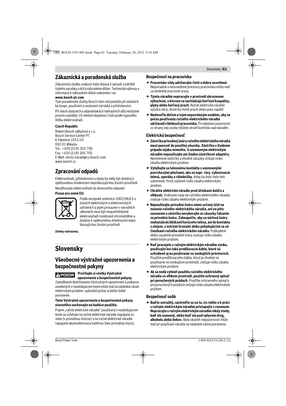 Slovensky, Zákaznická a poradenská služba, Zpracování odpadů | Bosch GSH 11 VC Professional User Manual | Page 63 / 123