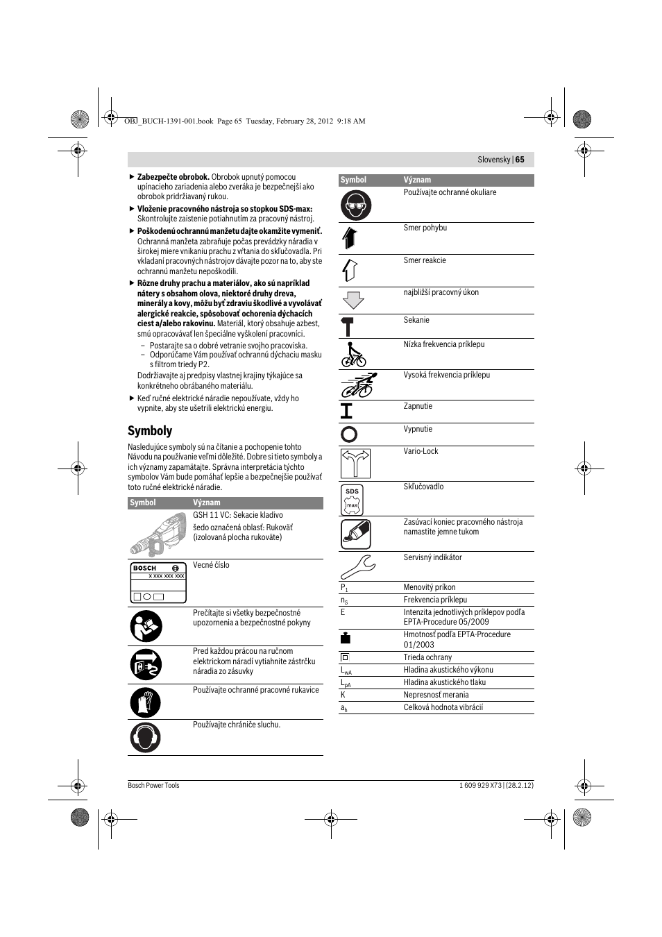 Symboly | Bosch GSH 11 VC Professional User Manual | Page 65 / 123