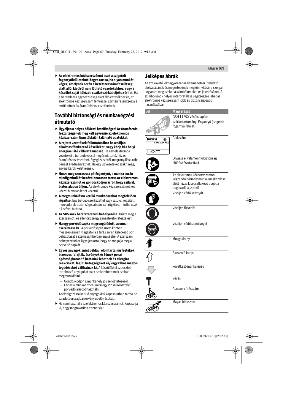 További biztonsági és munkavégzési útmutató, Jelképes ábrák | Bosch GSH 11 VC Professional User Manual | Page 69 / 123