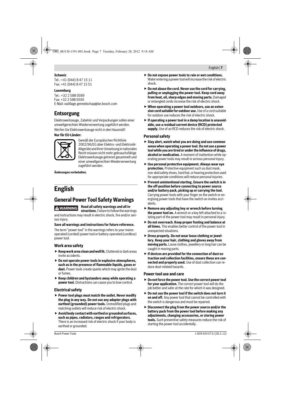 English, Entsorgung, General power tool safety warnings | Bosch GSH 11 VC Professional User Manual | Page 7 / 123