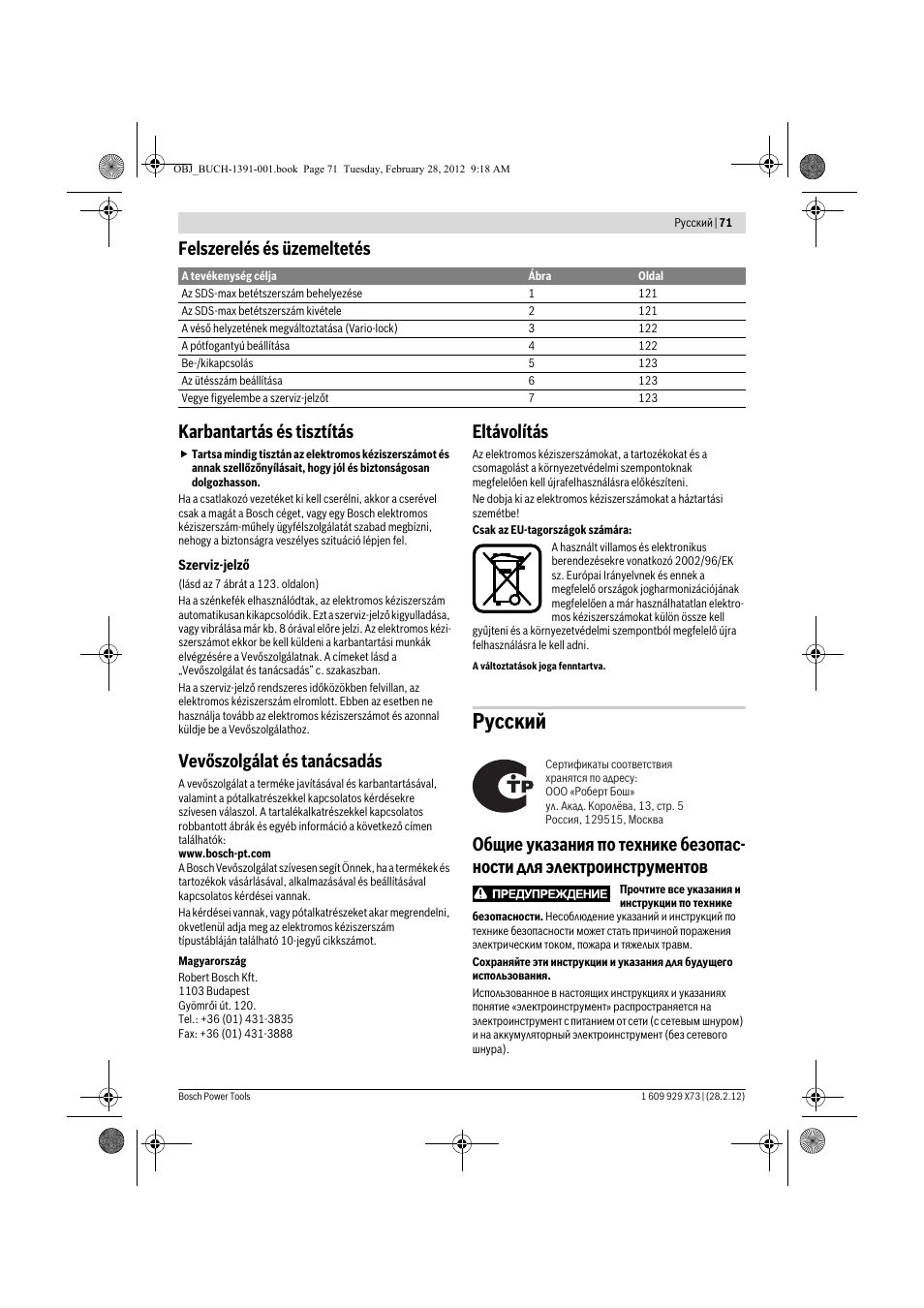 Русский, Vevőszolgálat és tanácsadás, Eltávolítás | Bosch GSH 11 VC Professional User Manual | Page 71 / 123