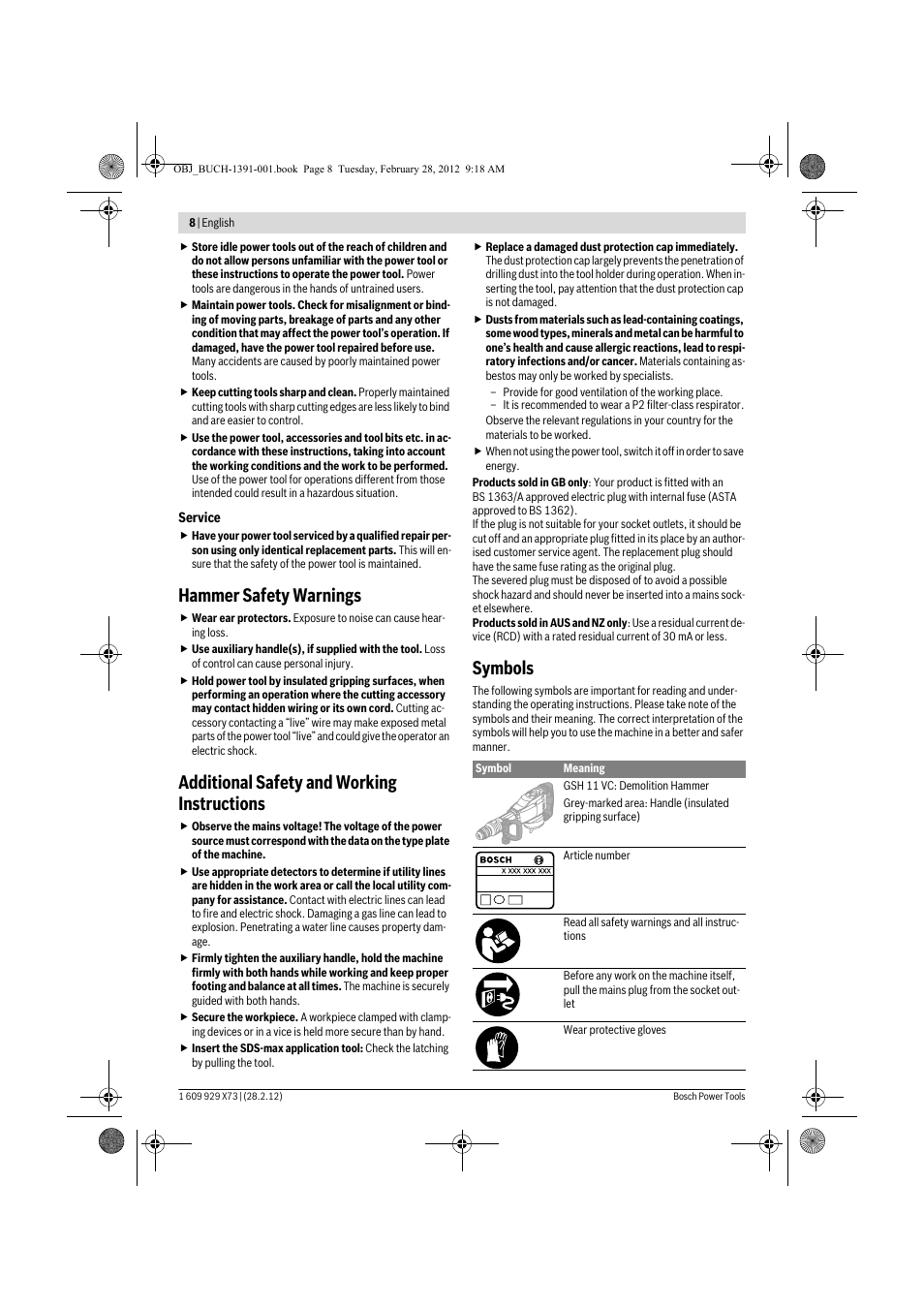 Hammer safety warnings, Additional safety and working instructions, Symbols | Bosch GSH 11 VC Professional User Manual | Page 8 / 123