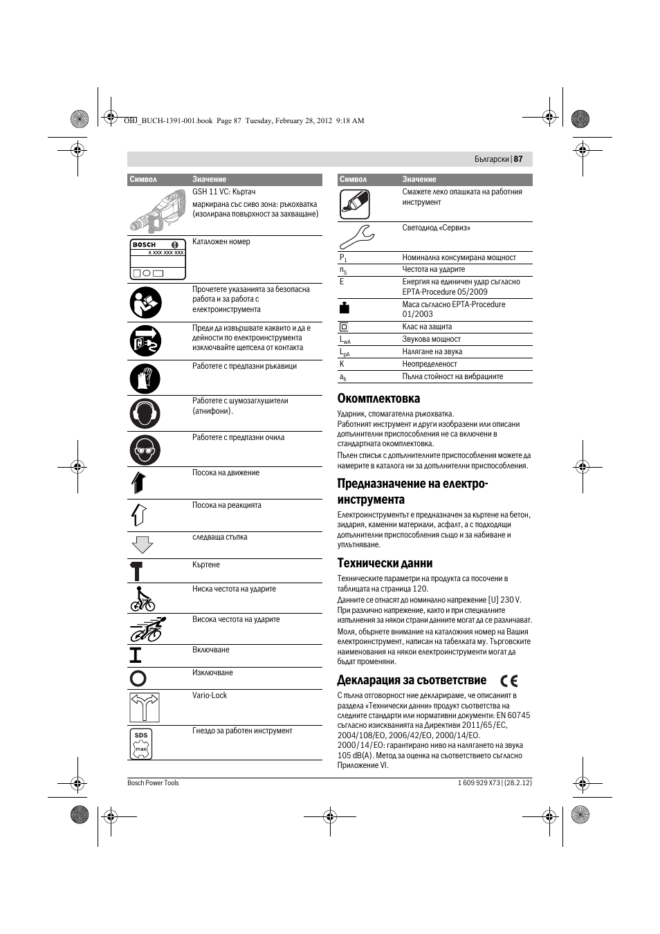 Окомплектовка, Предназначение на електро- инструмента, Технически данни | Декларация за съответствие | Bosch GSH 11 VC Professional User Manual | Page 87 / 123