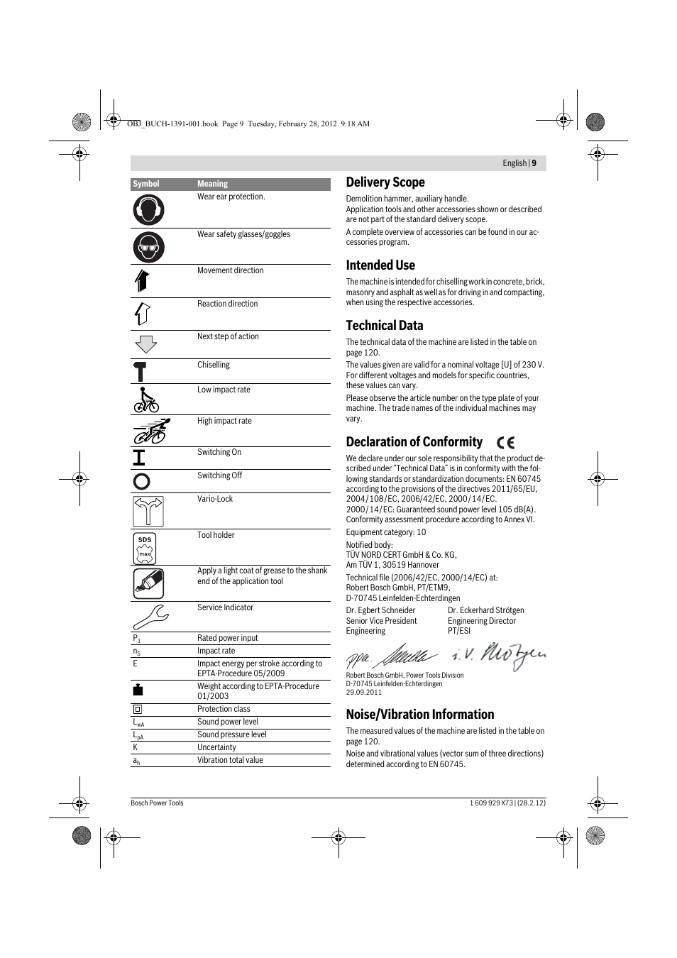 Delivery scope, Intended use, Technical data | Declaration of conformity, Noise/vibration information | Bosch GSH 11 VC Professional User Manual | Page 9 / 123