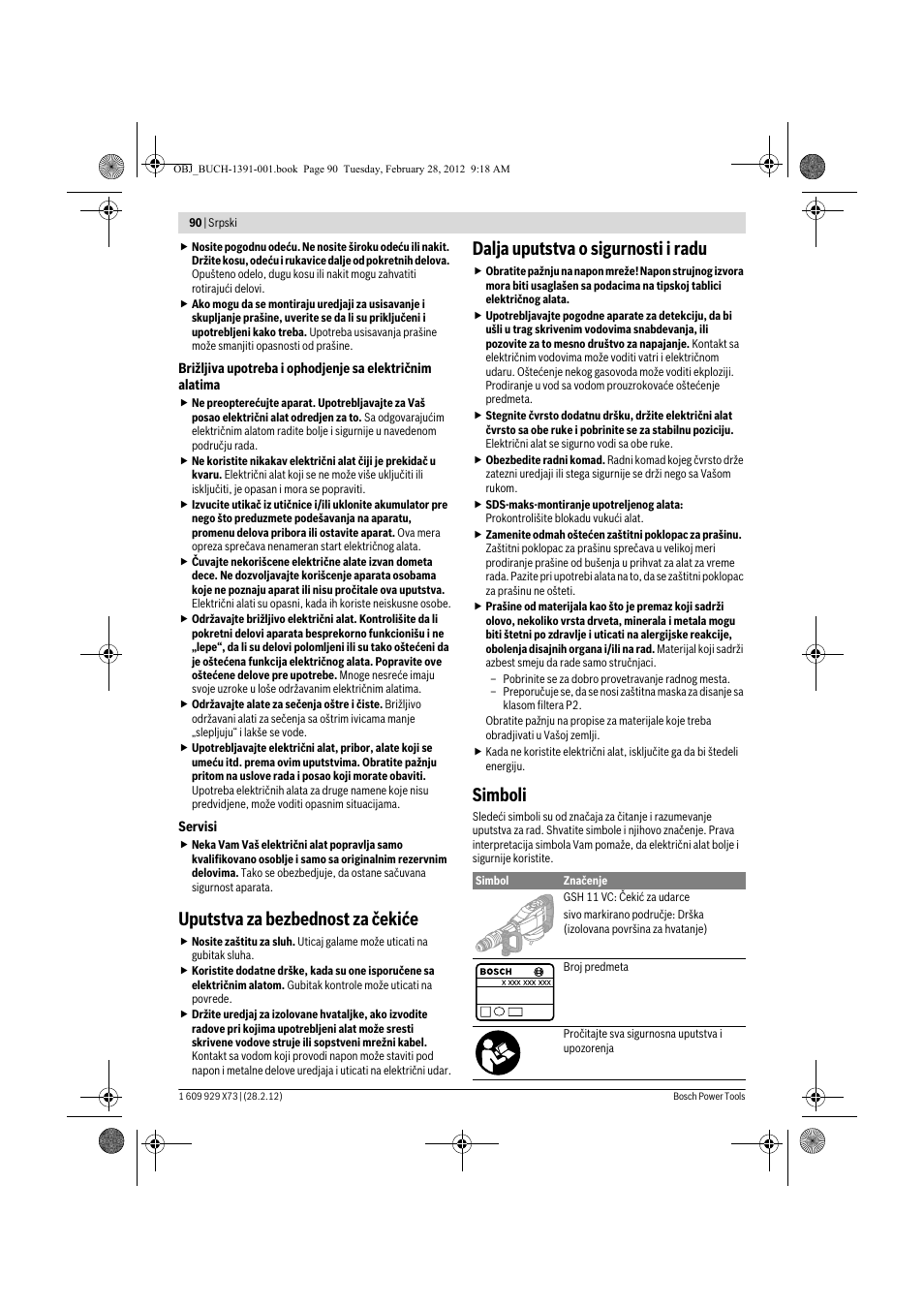 Uputstva za bezbednost za čekiće, Dalja uputstva o sigurnosti i radu, Simboli | Bosch GSH 11 VC Professional User Manual | Page 90 / 123