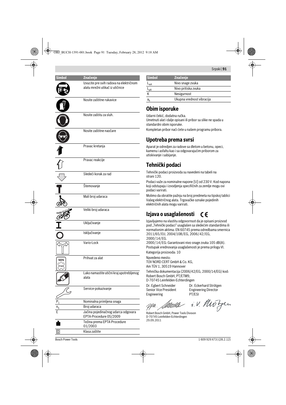 Obim isporuke, Upotreba prema svrsi, Tehnički podaci | Izjava o usaglašenosti | Bosch GSH 11 VC Professional User Manual | Page 91 / 123