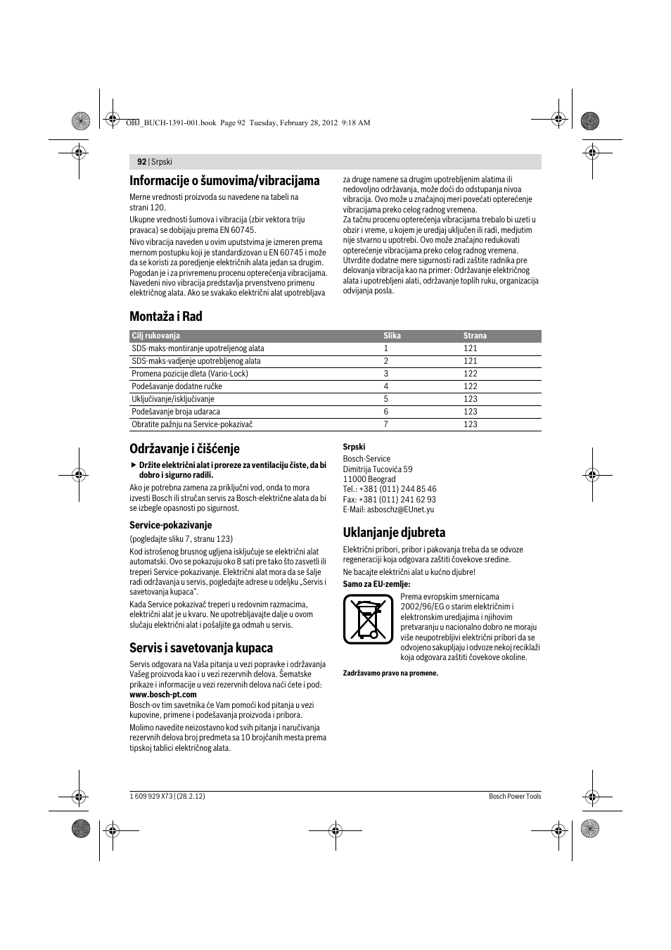 Informacije o šumovima/vibracijama, Montaža i rad održavanje i čišćenje, Servis i savetovanja kupaca | Uklanjanje djubreta | Bosch GSH 11 VC Professional User Manual | Page 92 / 123