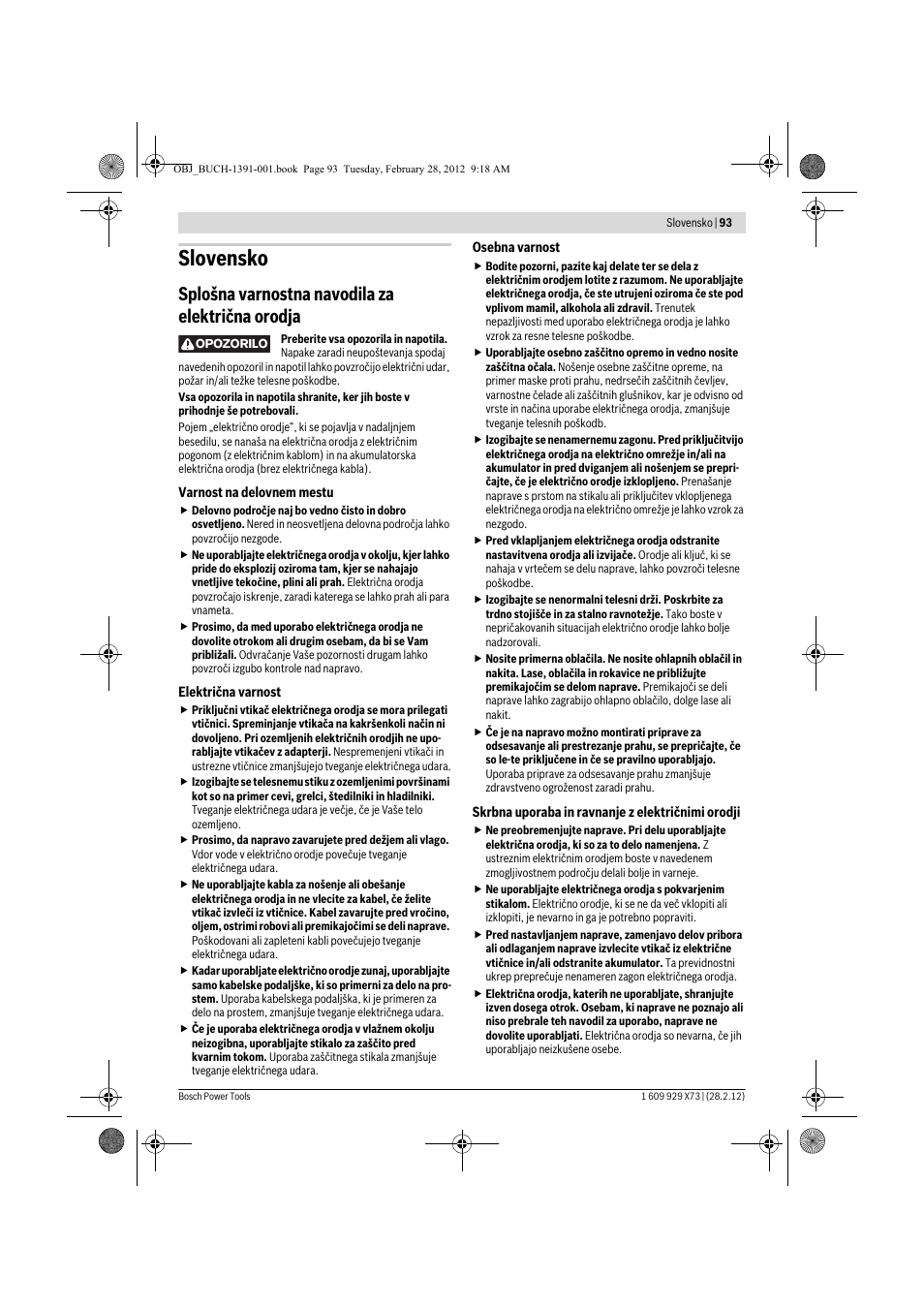 Slovensko, Splošna varnostna navodila za električna orodja | Bosch GSH 11 VC Professional User Manual | Page 93 / 123