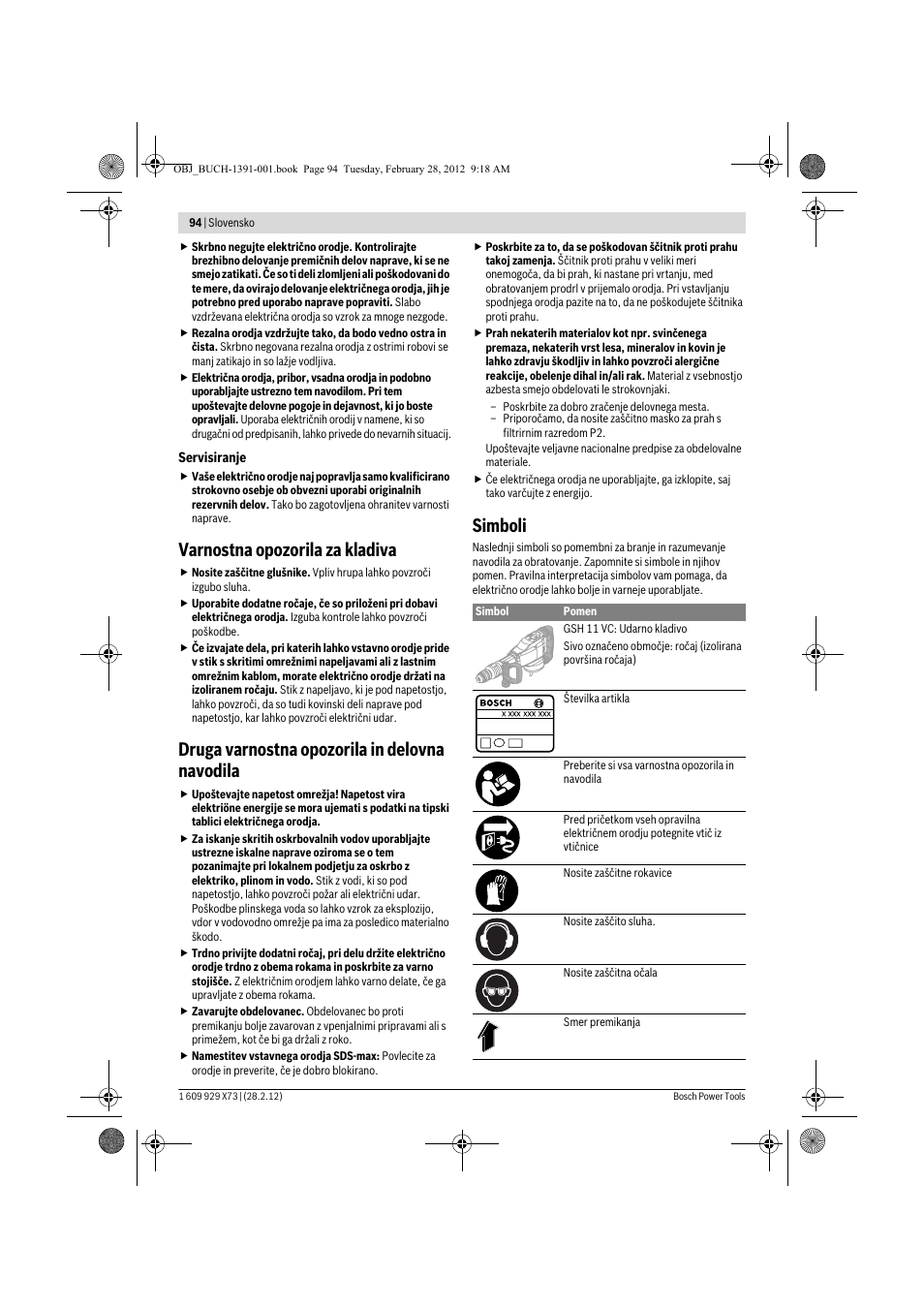 Varnostna opozorila za kladiva, Druga varnostna opozorila in delovna navodila, Simboli | Bosch GSH 11 VC Professional User Manual | Page 94 / 123