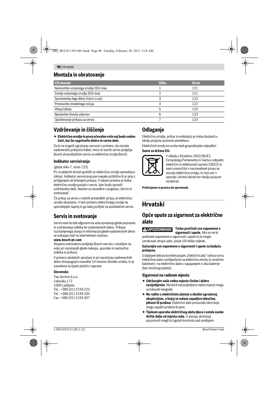 Hrvatski, Montaža in obratovanje vzdrževanje in čiščenje, Servis in svetovanje | Odlaganje, Opće upute za sigurnost za električne alate | Bosch GSH 11 VC Professional User Manual | Page 96 / 123