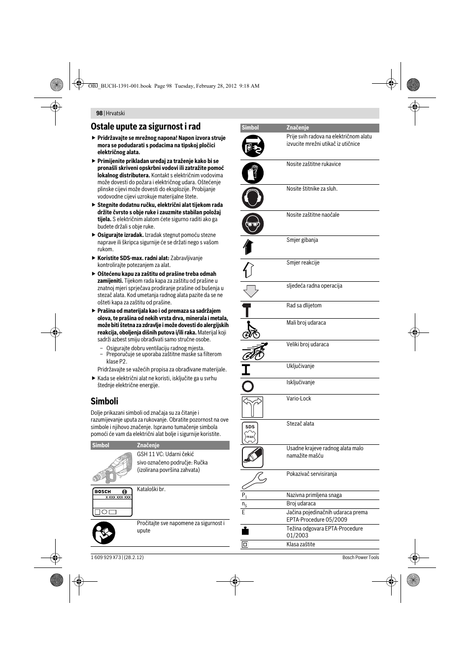 Ostale upute za sigurnost i rad, Simboli | Bosch GSH 11 VC Professional User Manual | Page 98 / 123