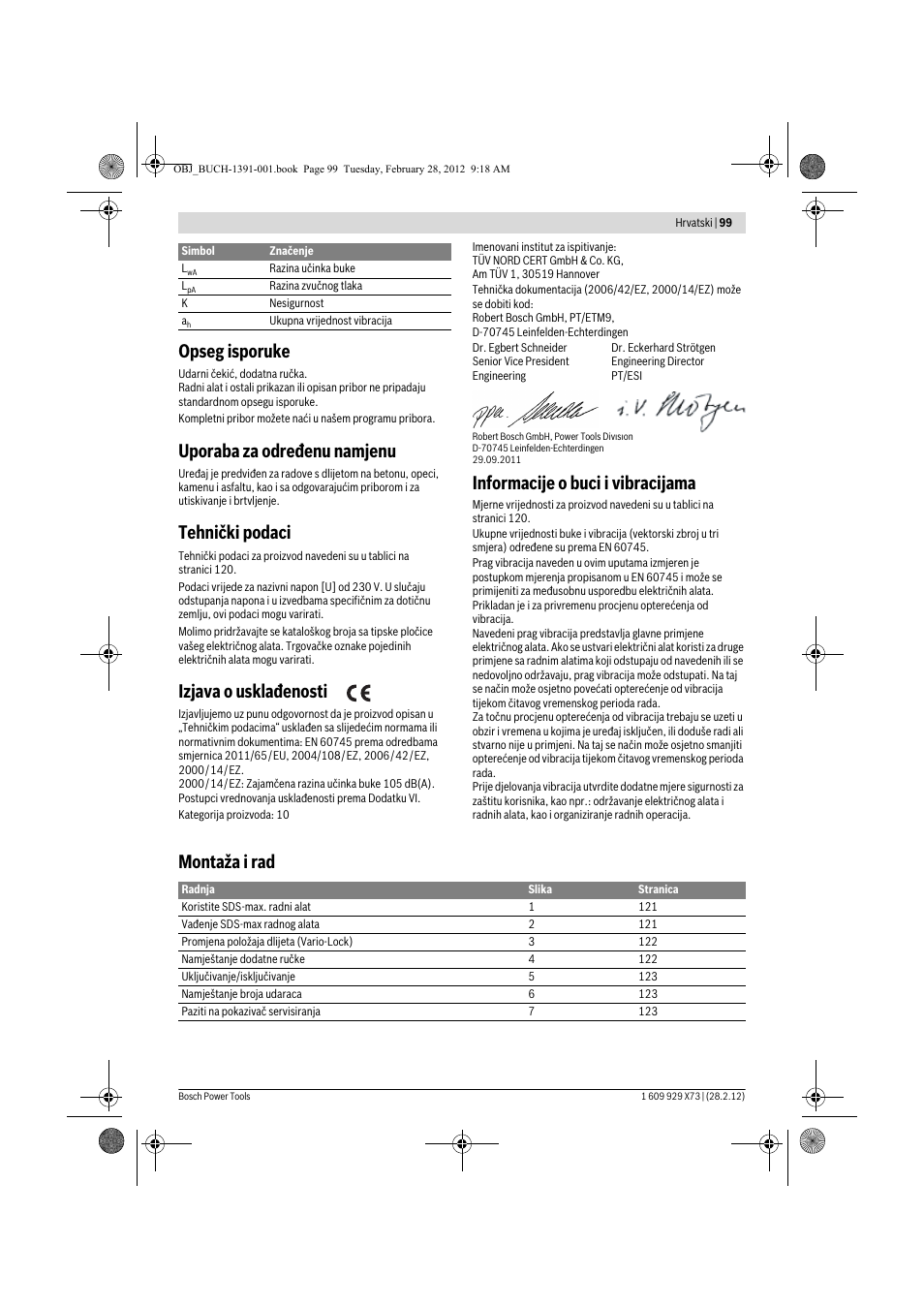 Opseg isporuke, Uporaba za određenu namjenu, Tehnički podaci | Izjava o usklađenosti, Informacije o buci i vibracijama, Montaža i rad | Bosch GSH 11 VC Professional User Manual | Page 99 / 123