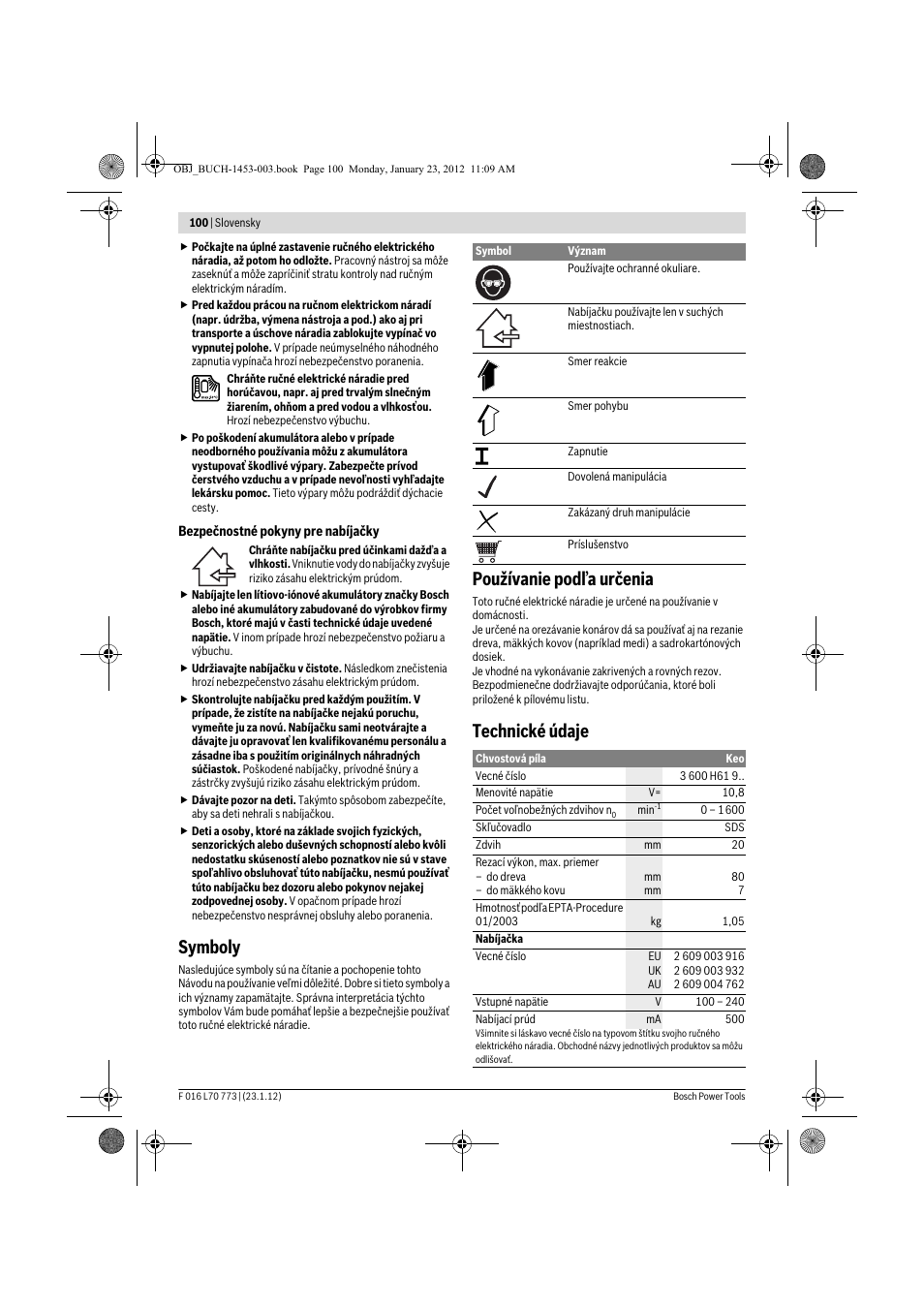 Symboly, Používanie podľa určenia, Technické údaje | Bosch Keo User Manual | Page 100 / 181