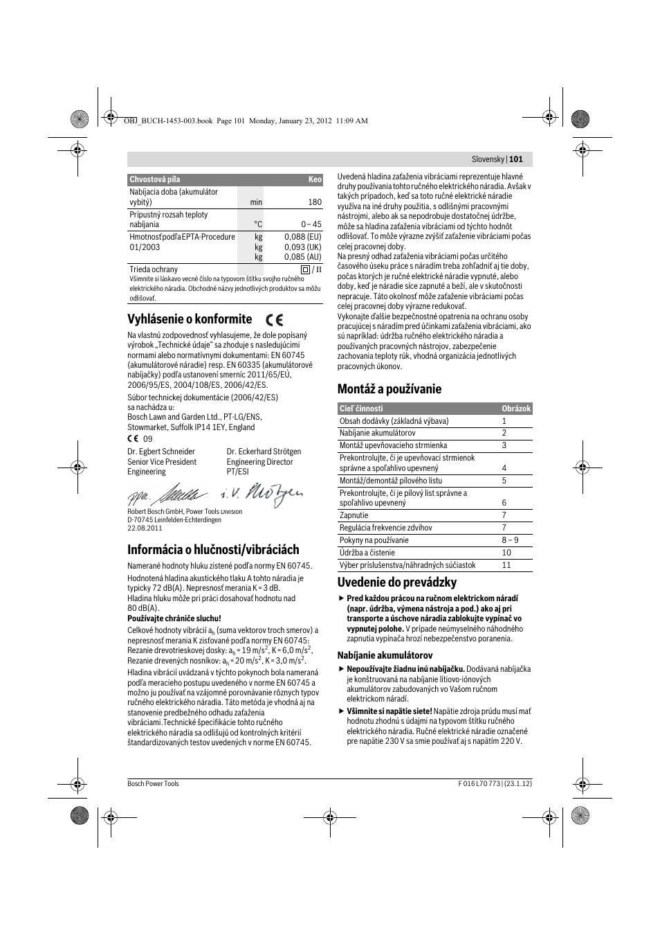 Vyhlásenie o konformite, Informácia o hlučnosti/vibráciách, Montáž a používanie uvedenie do prevádzky | Bosch Keo User Manual | Page 101 / 181