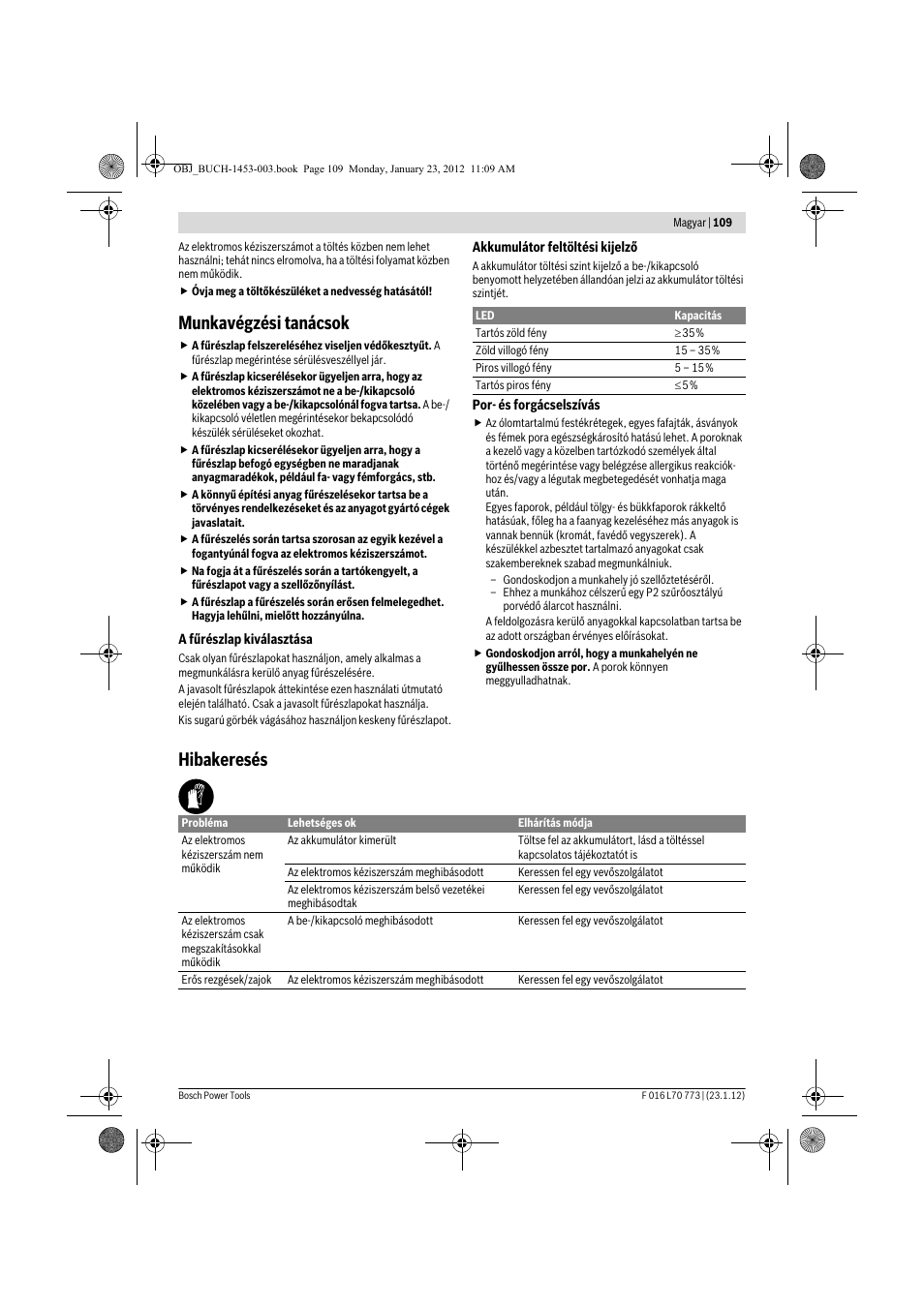 Munkavégzési tanácsok, Hibakeresés | Bosch Keo User Manual | Page 109 / 181