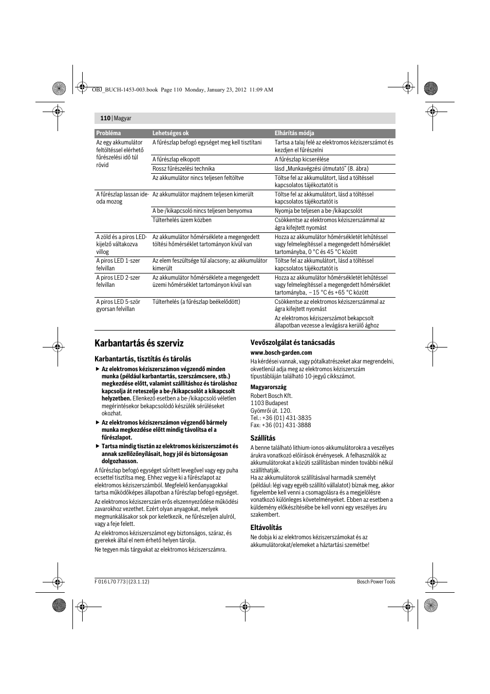 Karbantartás és szerviz | Bosch Keo User Manual | Page 110 / 181