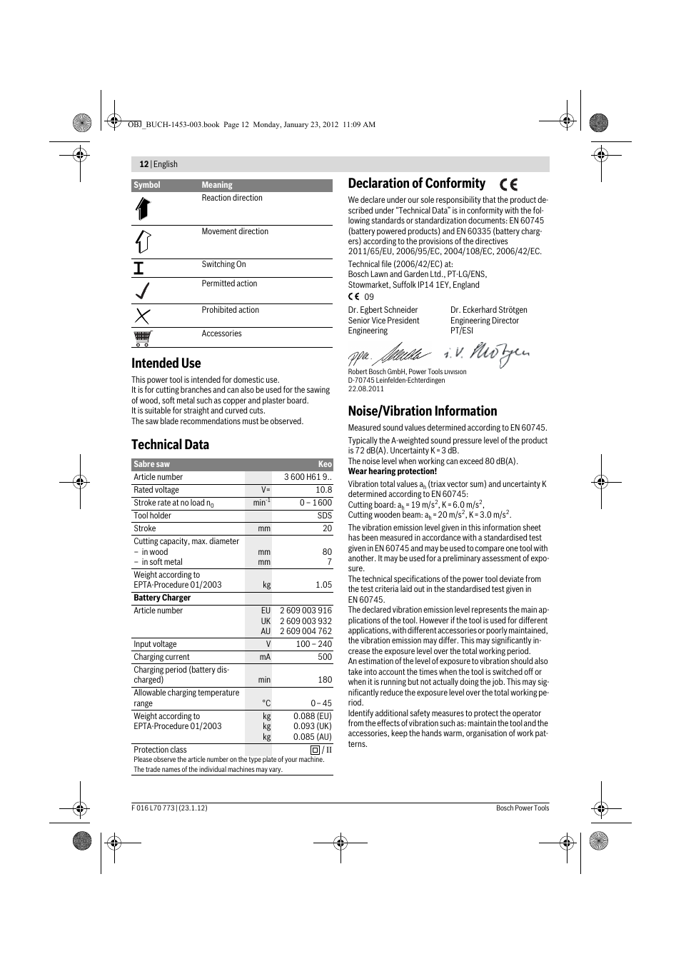 Intended use, Technical data declaration of conformity, Noise/vibration information | Bosch Keo User Manual | Page 12 / 181