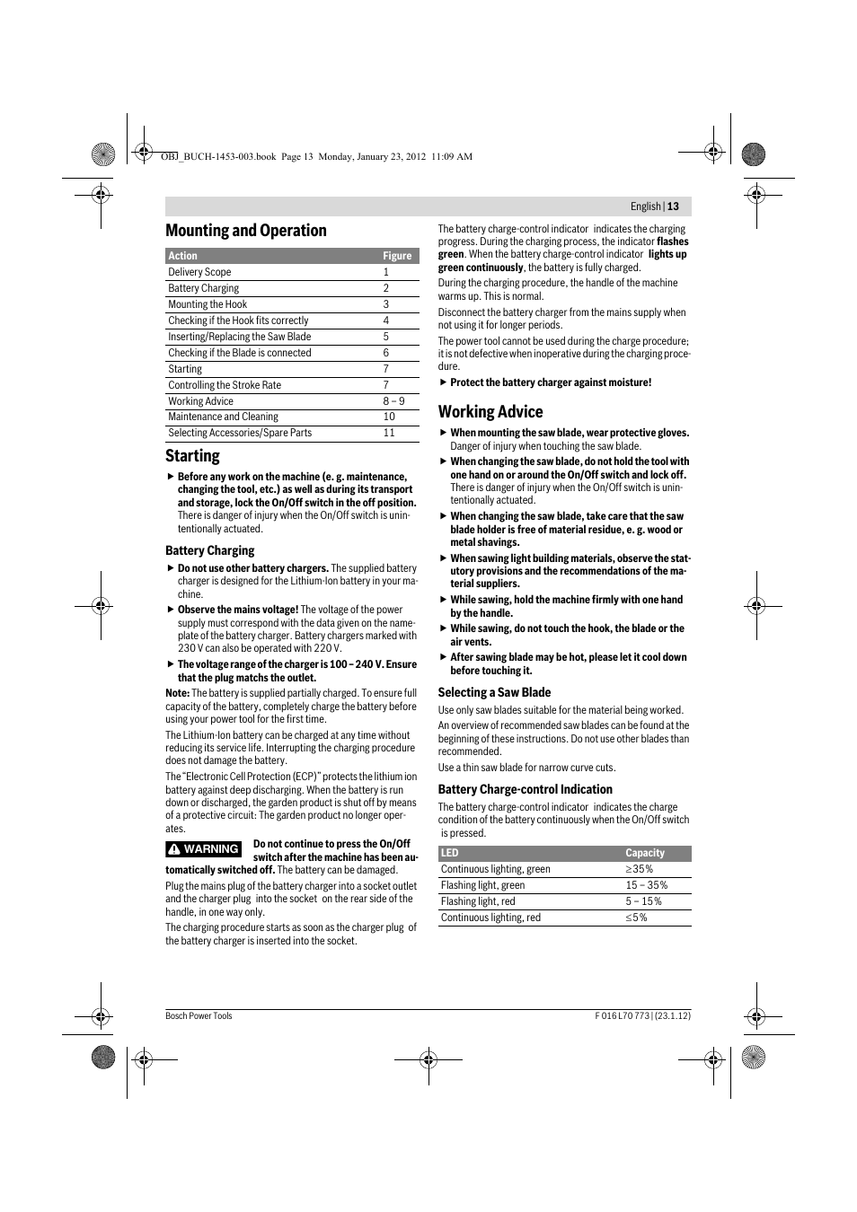 Mounting and operation starting, Working advice | Bosch Keo User Manual | Page 13 / 181