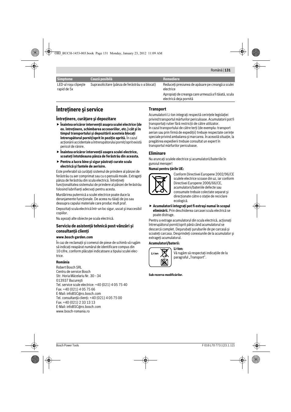 Întreţinere şi service | Bosch Keo User Manual | Page 131 / 181