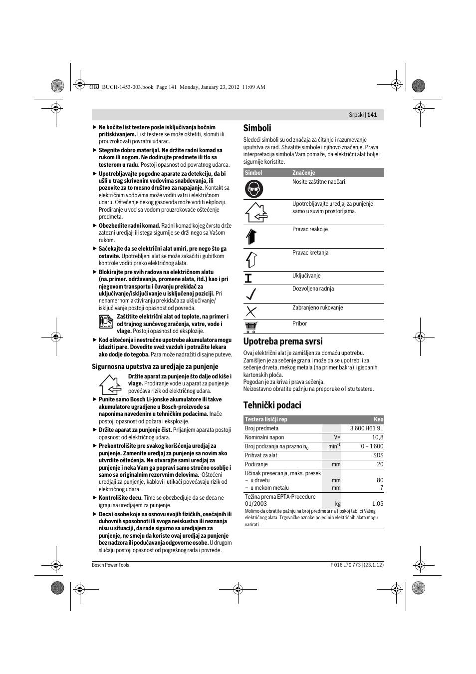 Simboli, Upotreba prema svrsi, Tehnički podaci | Bosch Keo User Manual | Page 141 / 181