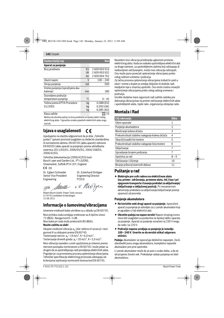 Izjava o usaglašenosti, Informacije o šumovima/vibracijama, Montaža i rad puštanje u rad | Bosch Keo User Manual | Page 142 / 181