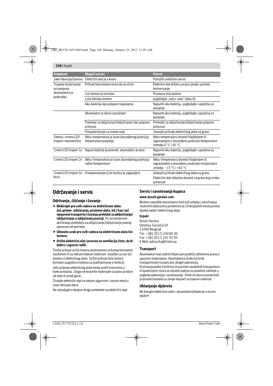 Održavanje i servis | Bosch Keo User Manual | Page 144 / 181