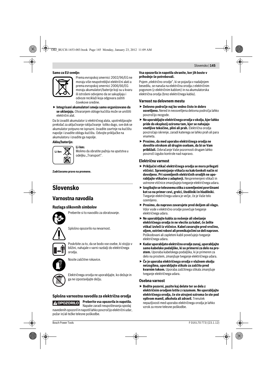 Slovensko, Varnostna navodila | Bosch Keo User Manual | Page 145 / 181