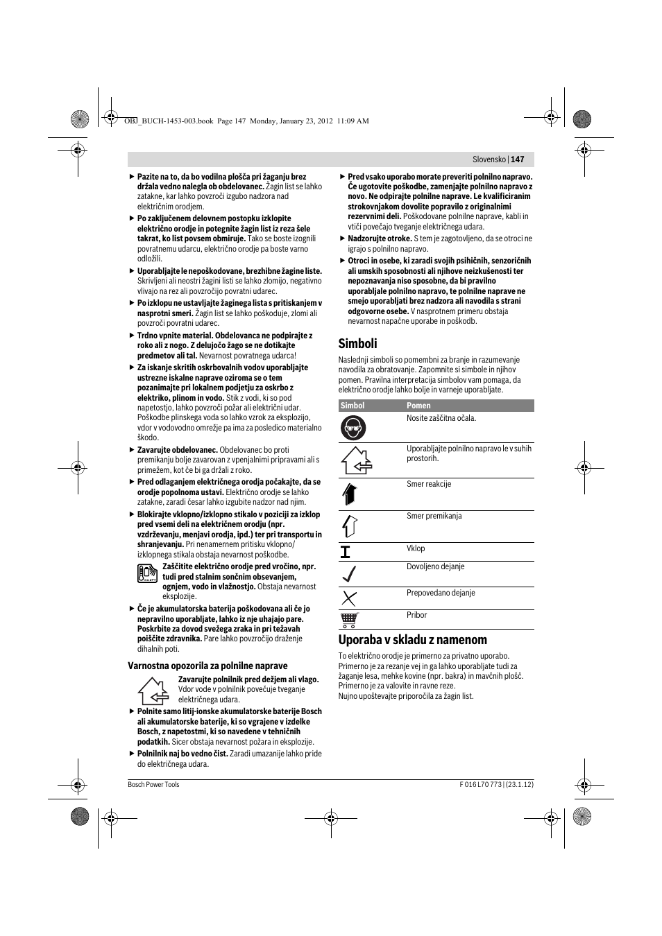 Simboli, Uporaba v skladu z namenom | Bosch Keo User Manual | Page 147 / 181