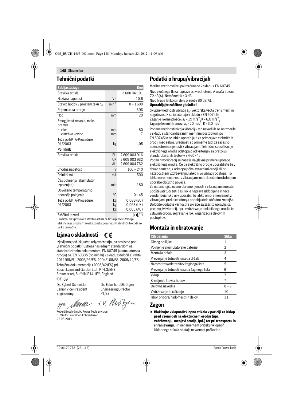 Tehnični podatki izjava o skladnosti, Podatki o hrupu/vibracijah, Montaža in obratovanje zagon | Bosch Keo User Manual | Page 148 / 181