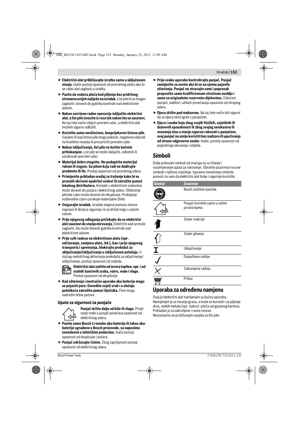 Simboli, Uporaba za određenu namjenu | Bosch Keo User Manual | Page 153 / 181