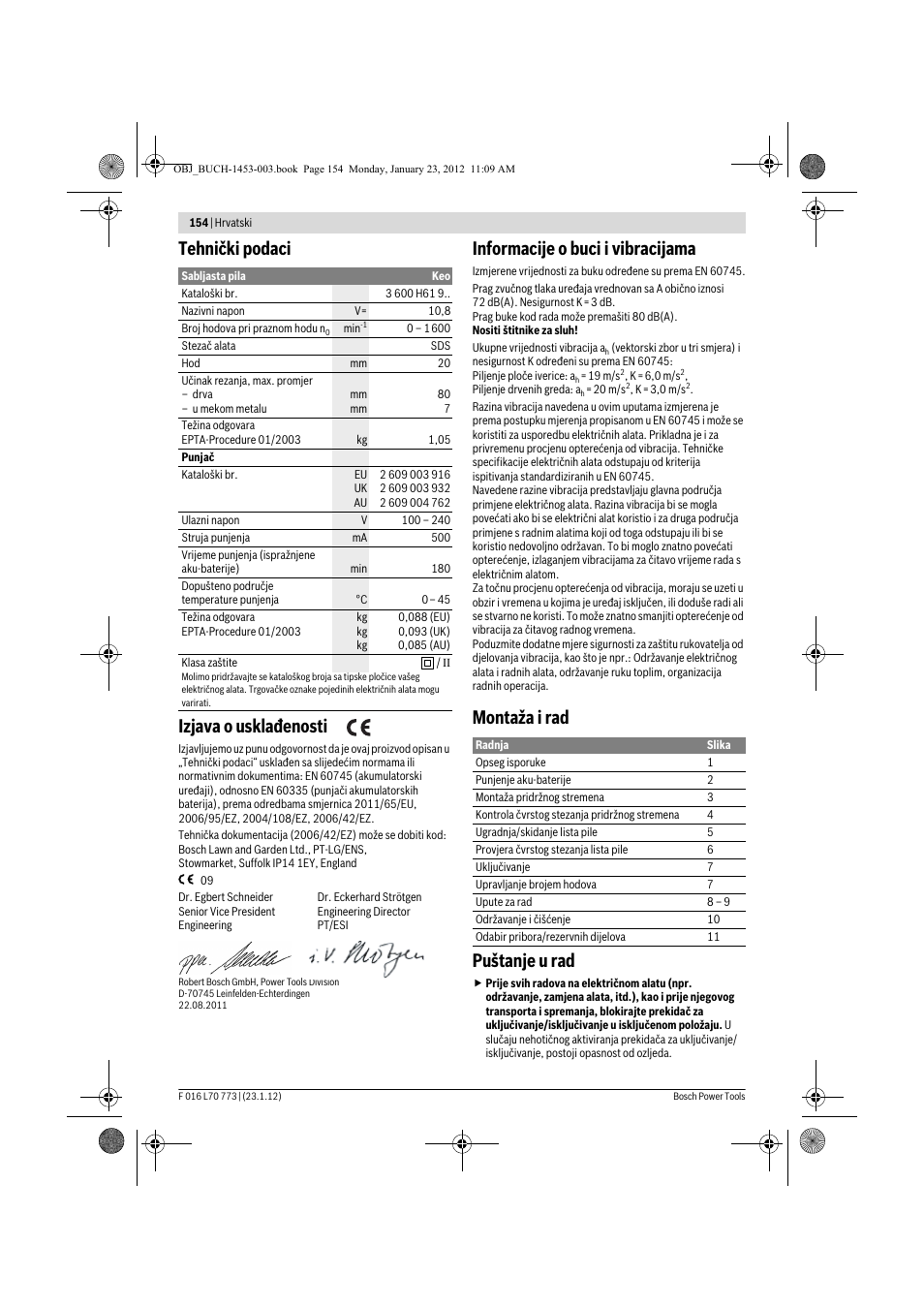 Tehnički podaci izjava o usklađenosti, Informacije o buci i vibracijama, Montaža i rad puštanje u rad | Bosch Keo User Manual | Page 154 / 181