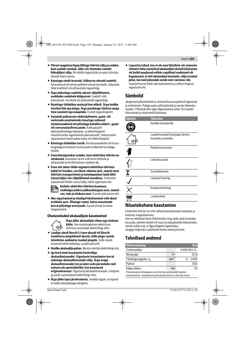 Sümbolid, Nõuetekohane kasutamine, Tehnilised andmed | Bosch Keo User Manual | Page 159 / 181