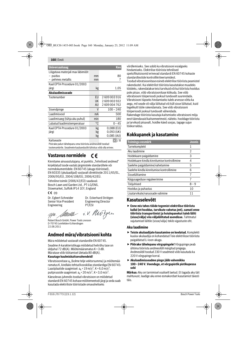 Vastavus normidele, Andmed müra/vibratsiooni kohta, Kokkupanek ja kasutamine kasutuselevõtt | Bosch Keo User Manual | Page 160 / 181