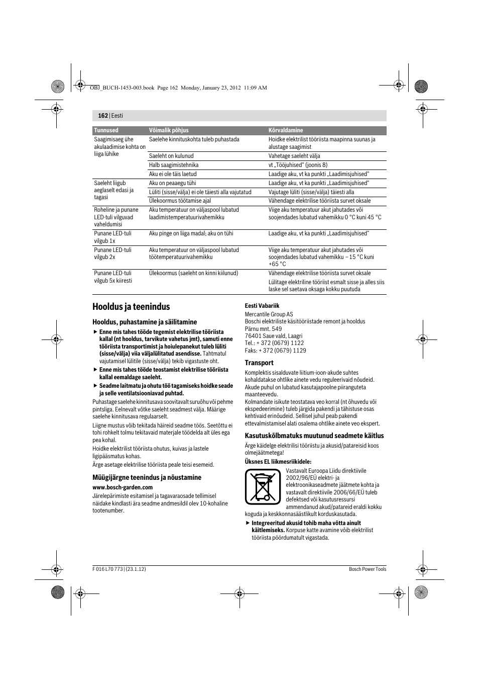 Hooldus ja teenindus | Bosch Keo User Manual | Page 162 / 181