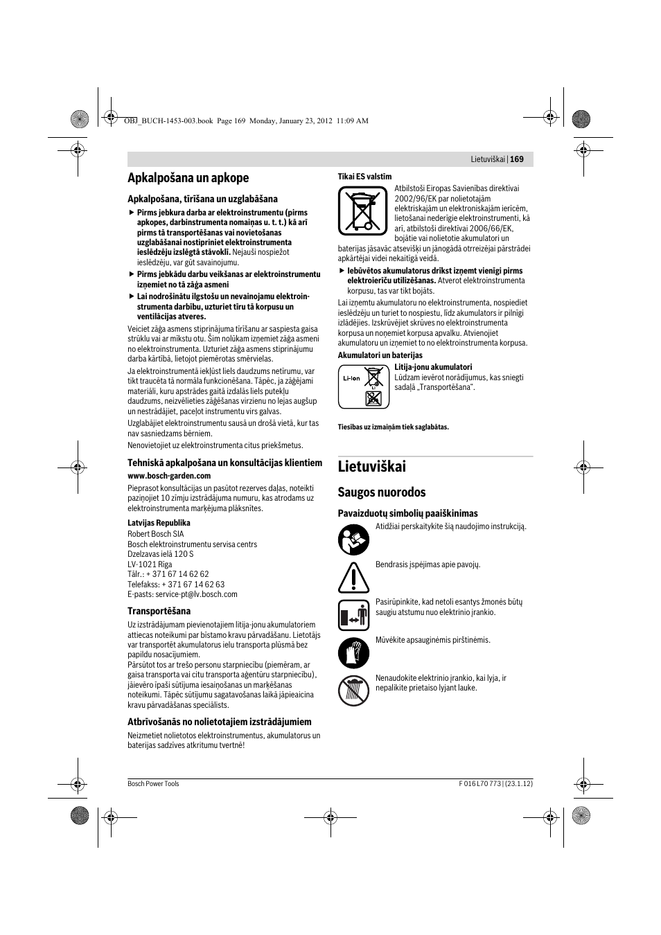 Lietuviškai, Apkalpošana un apkope, Saugos nuorodos | Bosch Keo User Manual | Page 169 / 181