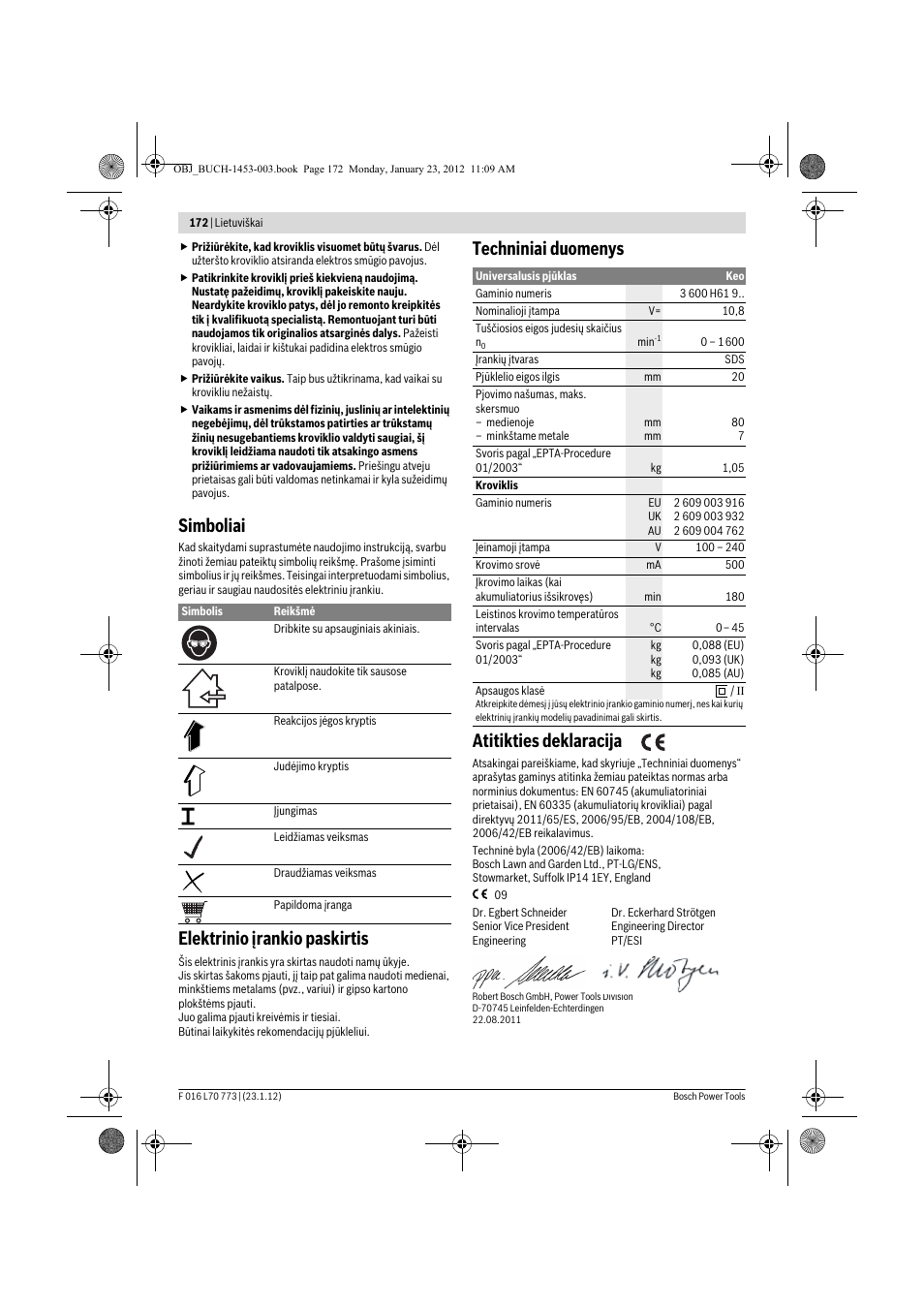 Simboliai, Elektrinio įrankio paskirtis, Techniniai duomenys atitikties deklaracija | Bosch Keo User Manual | Page 172 / 181