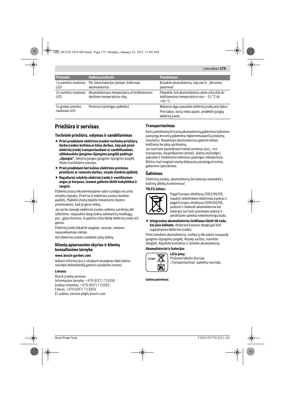 Priežiūra ir servisas | Bosch Keo User Manual | Page 175 / 181