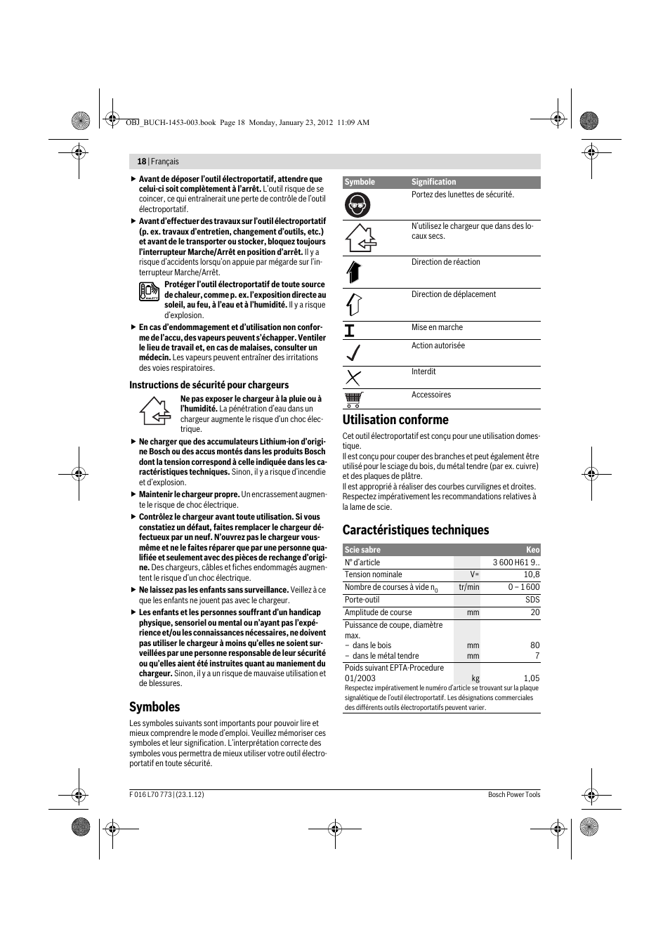 Symboles, Utilisation conforme, Caractéristiques techniques | Bosch Keo User Manual | Page 18 / 181