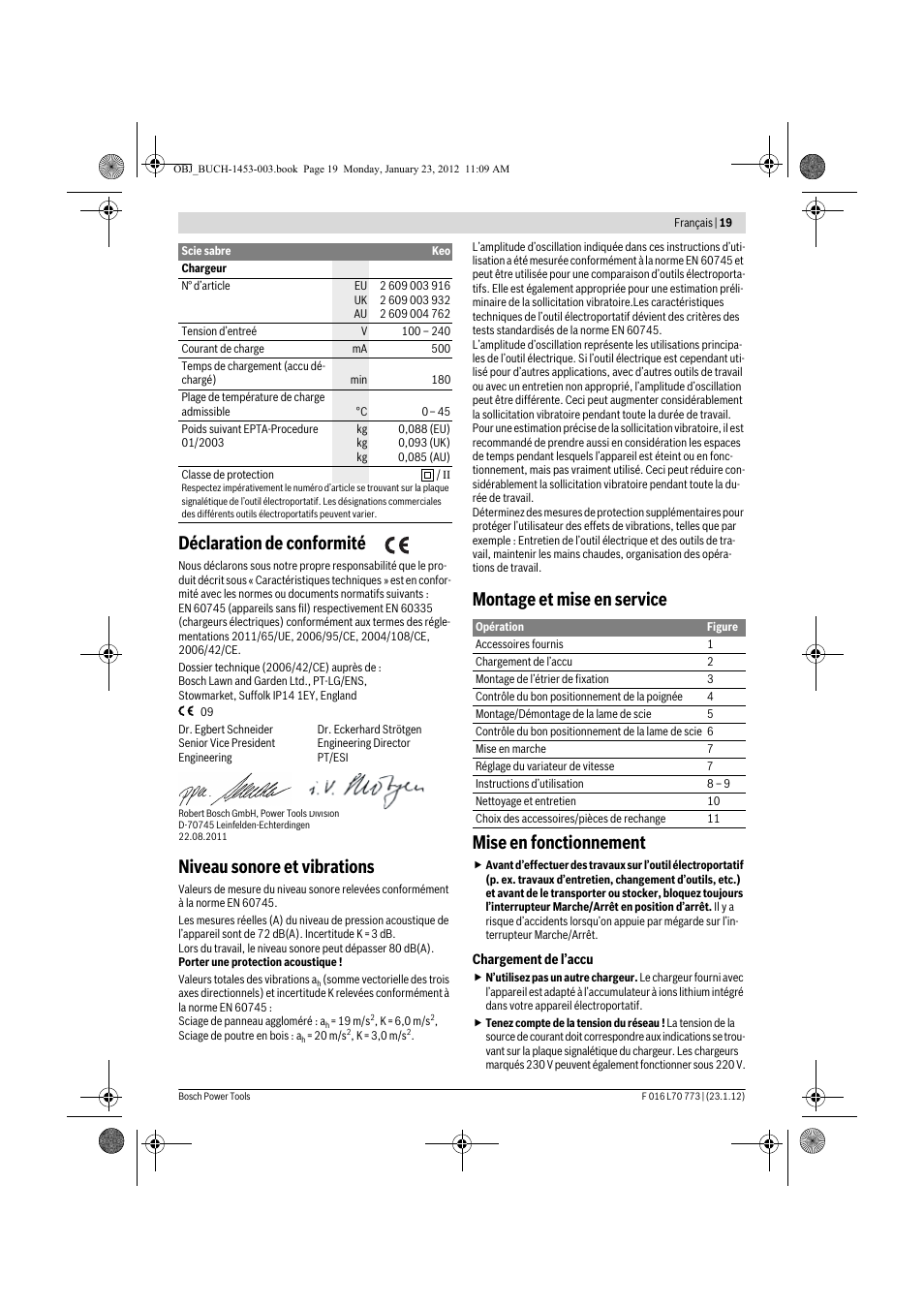 Déclaration de conformité, Niveau sonore et vibrations, Montage et mise en service mise en fonctionnement | Bosch Keo User Manual | Page 19 / 181