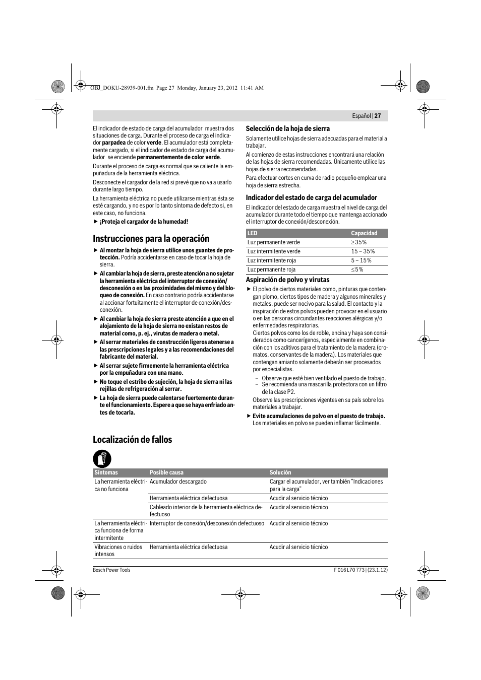 Instrucciones para la operación, Localización de fallos | Bosch Keo User Manual | Page 27 / 181