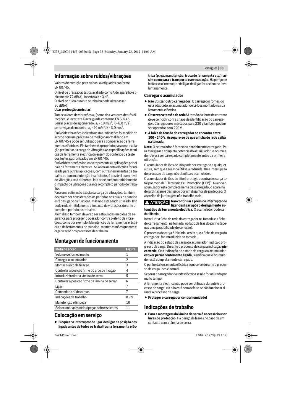 Informação sobre ruídos/vibrações, Montagem de funcionamento colocação em serviço, Indicações de trabalho | Bosch Keo User Manual | Page 33 / 181