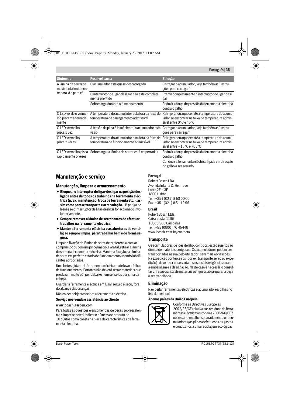 Manutenção e serviço | Bosch Keo User Manual | Page 35 / 181