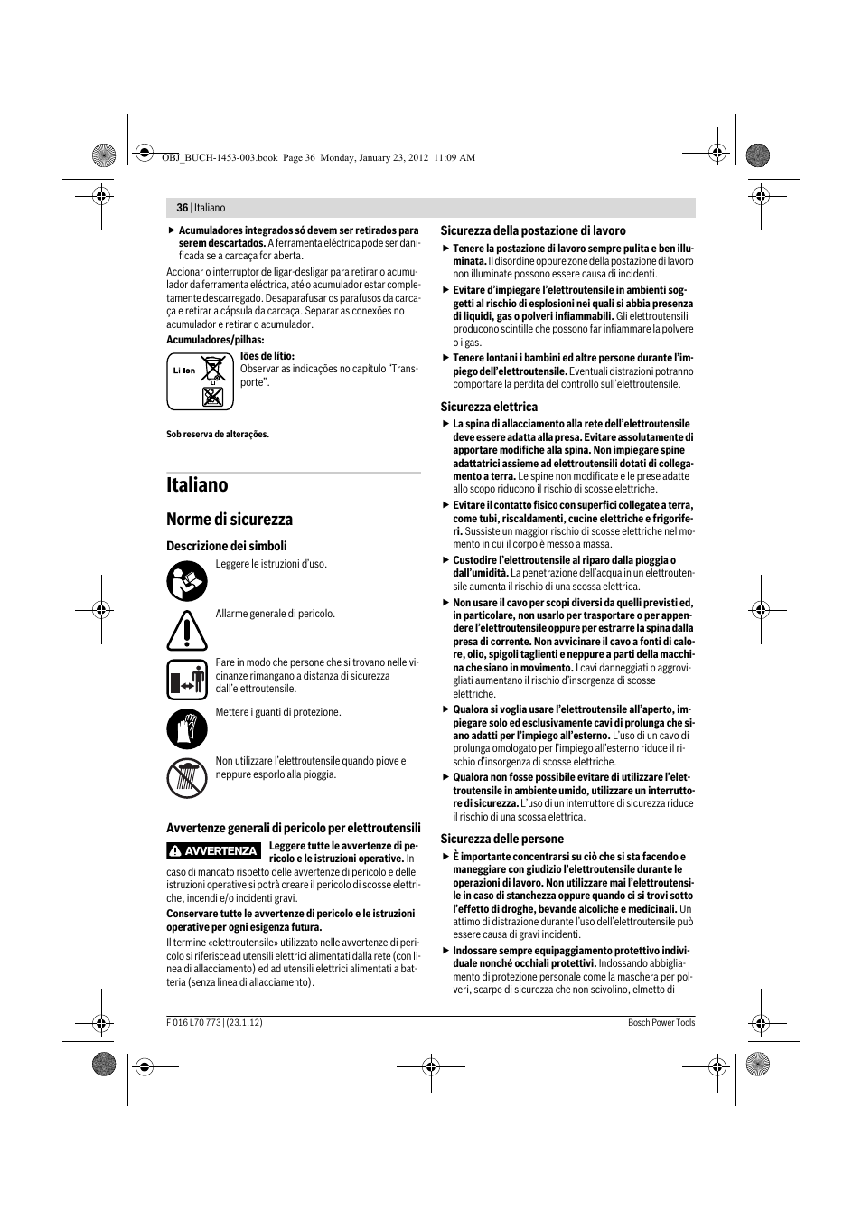 Italiano, Norme di sicurezza | Bosch Keo User Manual | Page 36 / 181