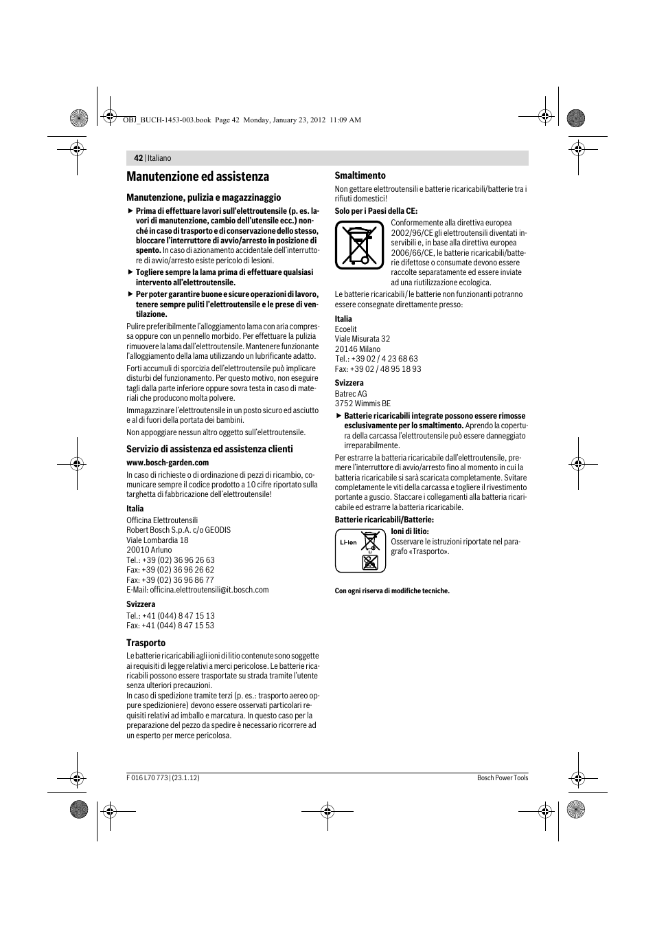 Manutenzione ed assistenza | Bosch Keo User Manual | Page 42 / 181