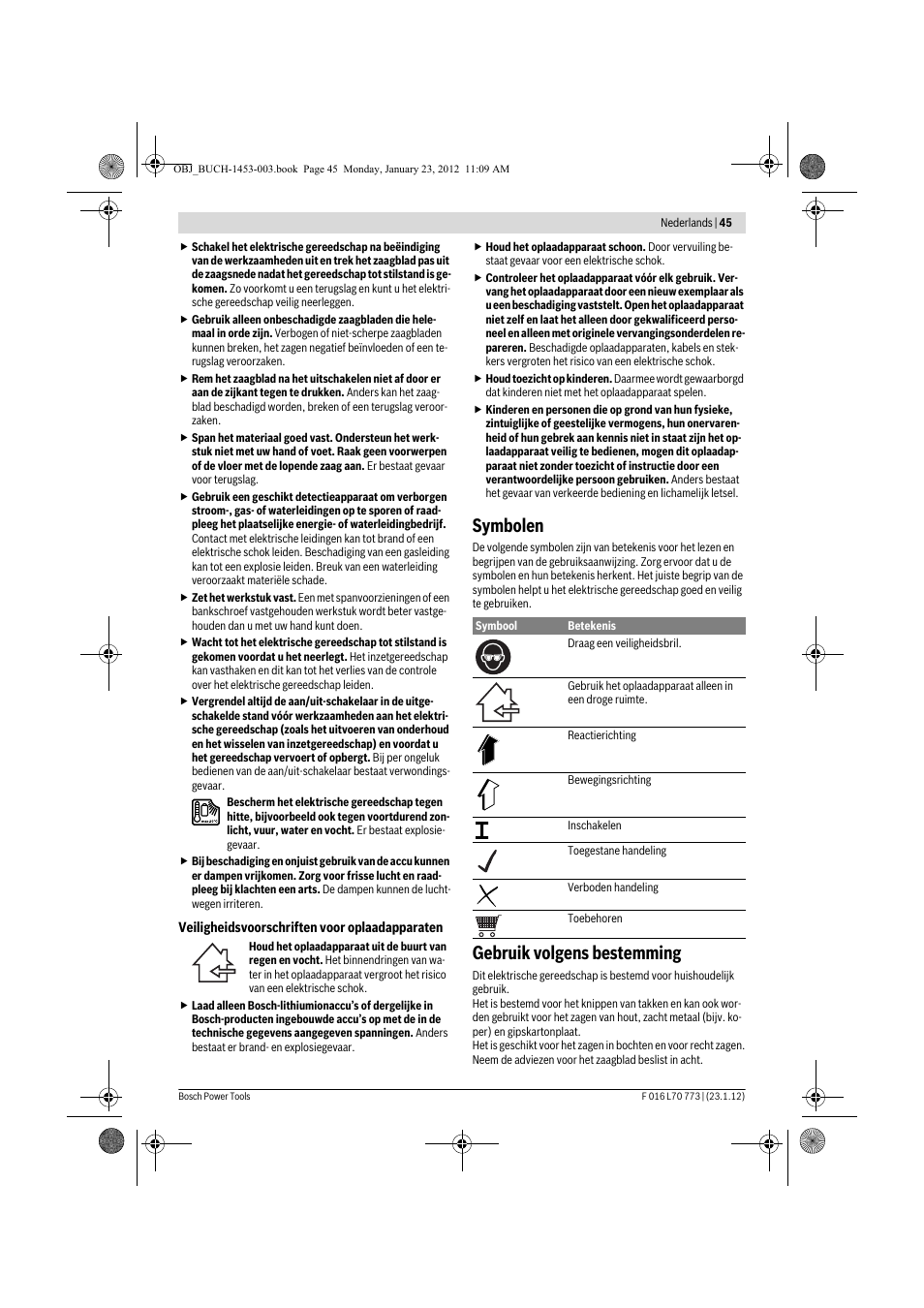 Symbolen, Gebruik volgens bestemming | Bosch Keo User Manual | Page 45 / 181