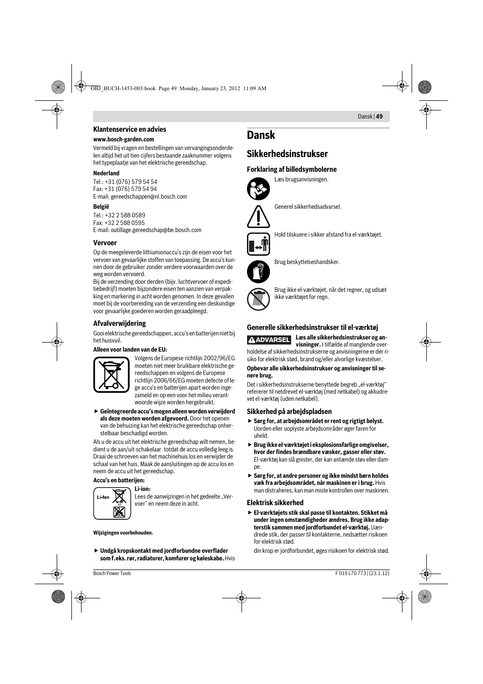 Dansk, Sikkerhedsinstrukser | Bosch Keo User Manual | Page 49 / 181