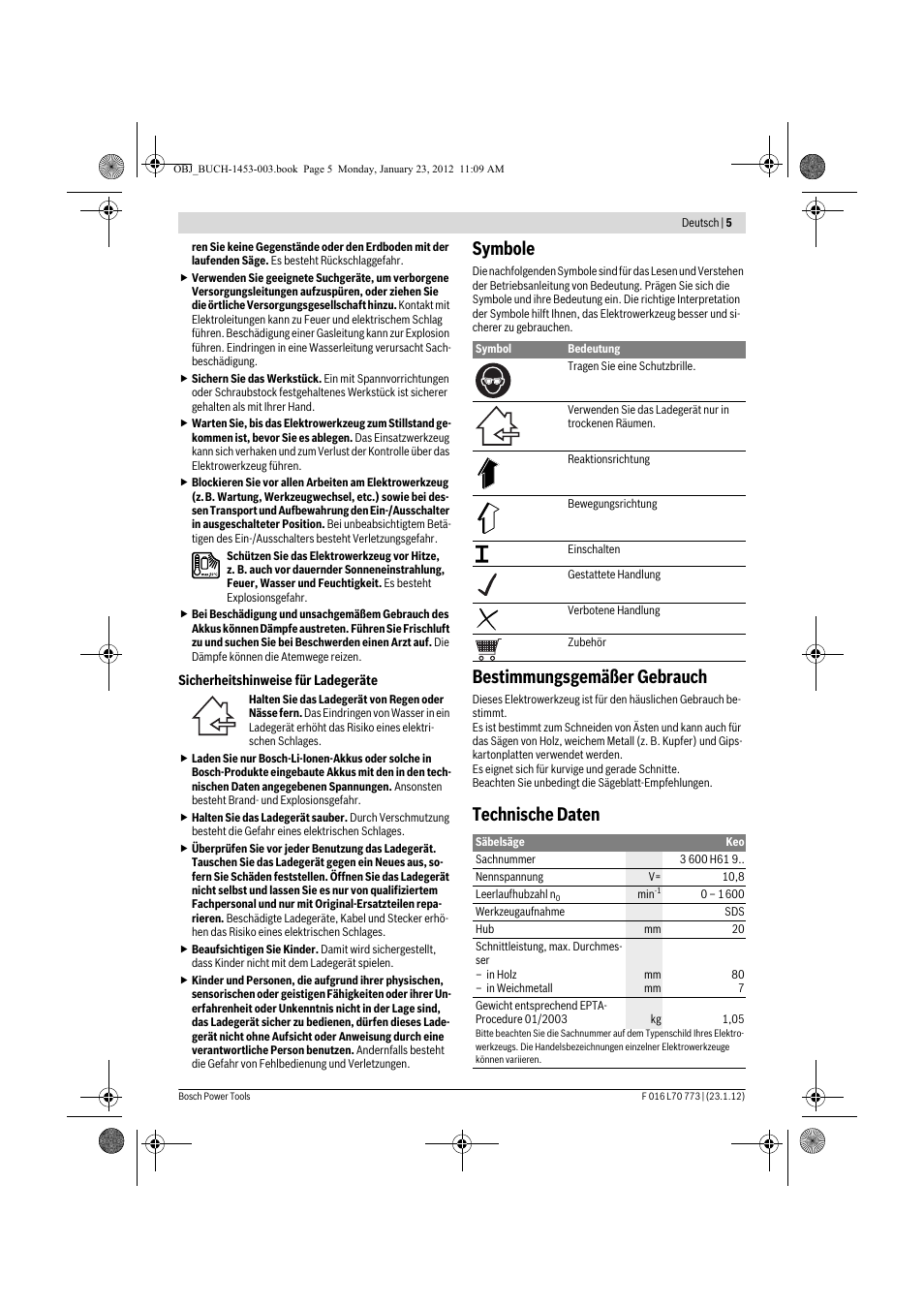 Symbole, Bestimmungsgemäßer gebrauch, Technische daten | Bosch Keo User Manual | Page 5 / 181